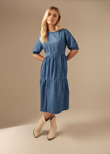 M&Co Petite Blue Denim Tiered Dress