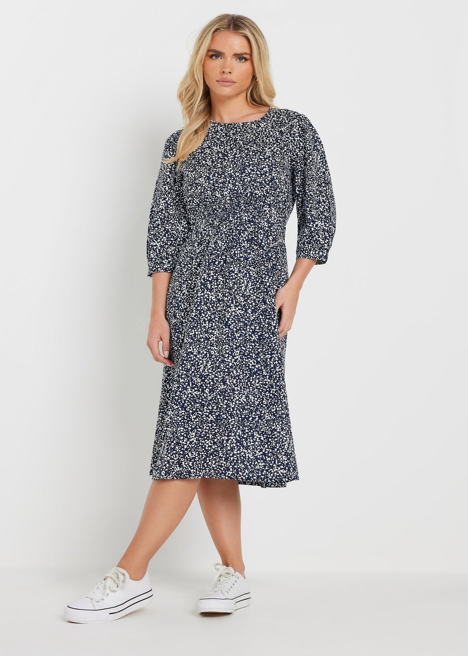 M&Co Petite Navy Blue Spot Print Midi Dress
