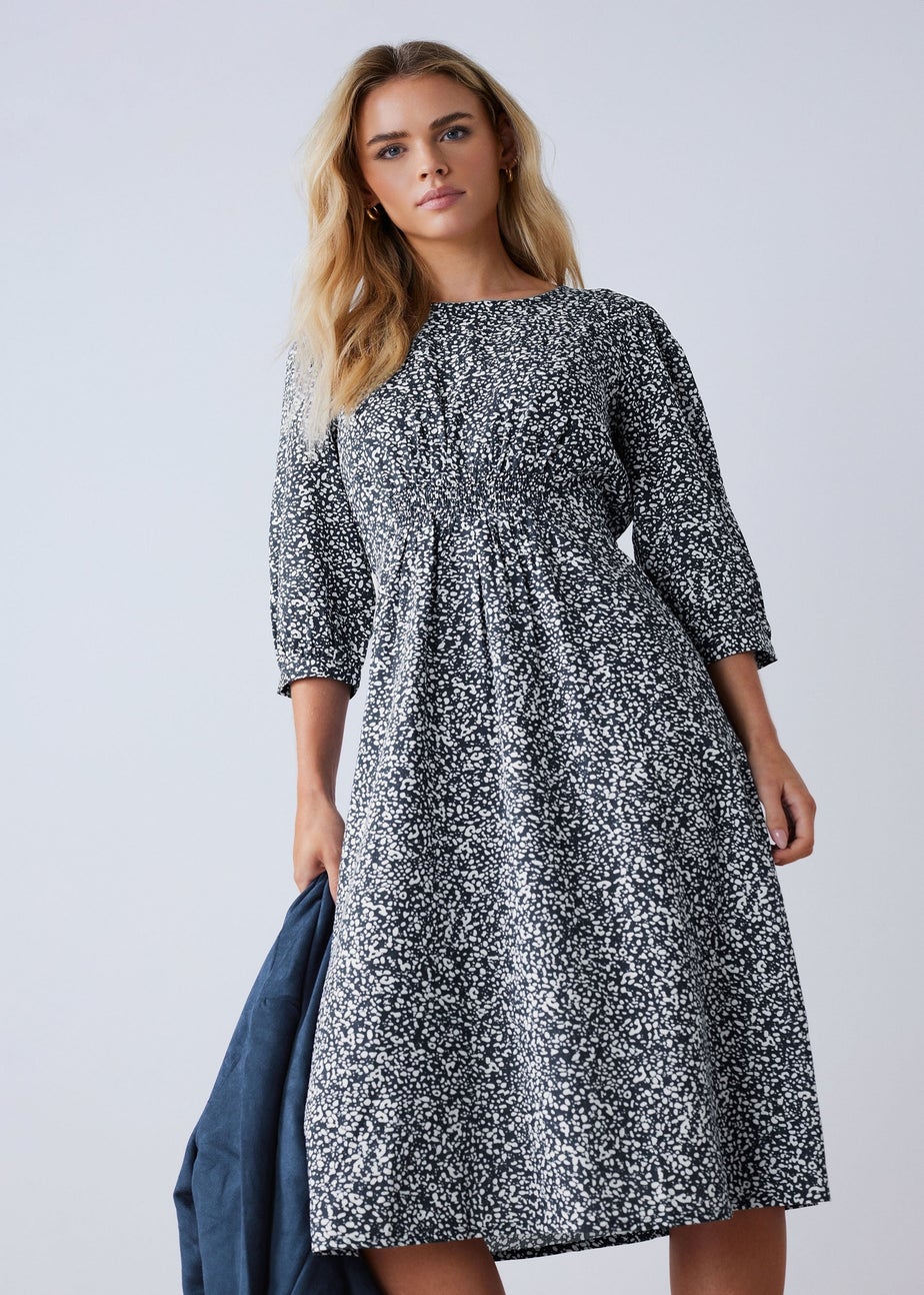 M&Co Petite Navy Blue Spot Print Midi Dress