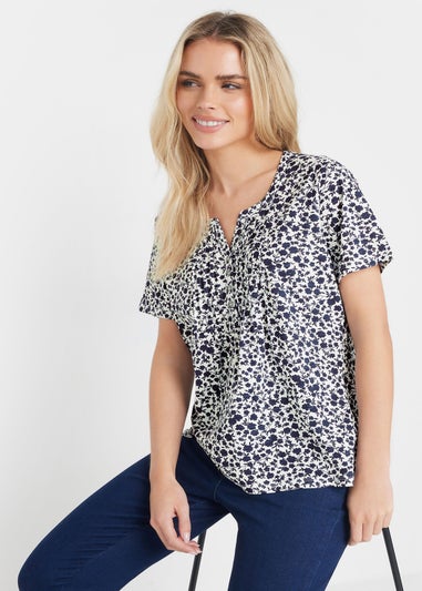 M&Co Petite Navy Blue Floral Cotton Short Sleeve Henley Top