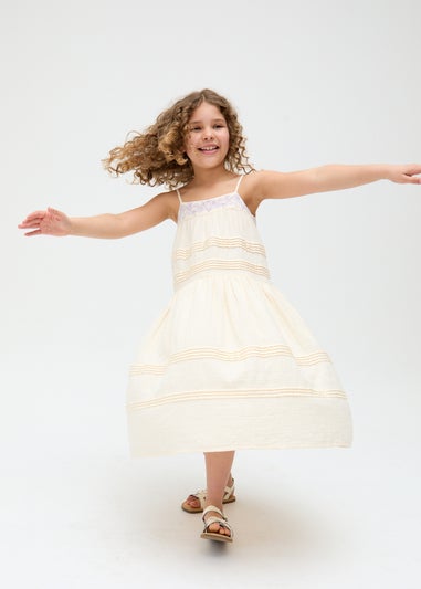 Raffya Kids Ecru Swish Pin Tuck Embroidered Dress (3-9 Years)