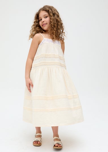 Raffya Kids Ecru Swish Pin Tuck Embroidered Dress (3-9 Years)