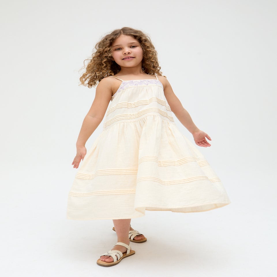 Raffya Kids Ecru Swish Pin Tuck Embroidered Dress (3-9 Years)