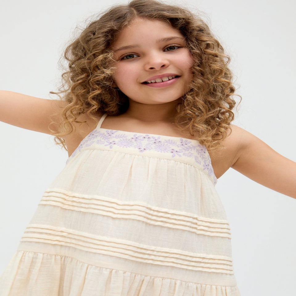 Raffya Kids Ecru Swish Pin Tuck Embroidered Dress (3-9 Years)