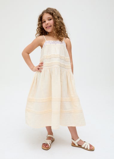 Raffya Kids Ecru Swish Pin Tuck Embroidered Dress (3-9 Years)