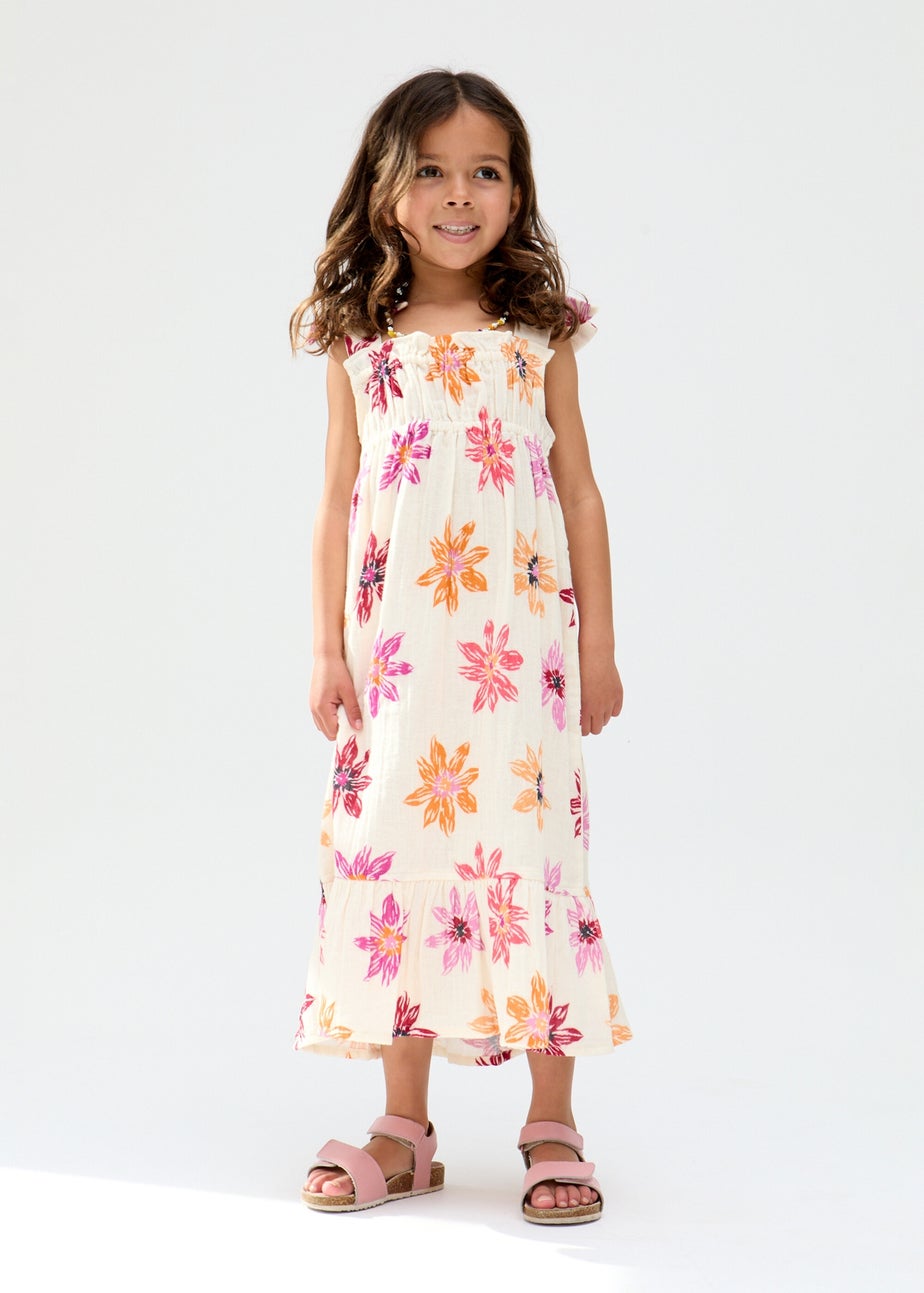 Raffya Kids Ecru Flora Gathered Hand Drawn Floral Print Dress (3-9 Years)