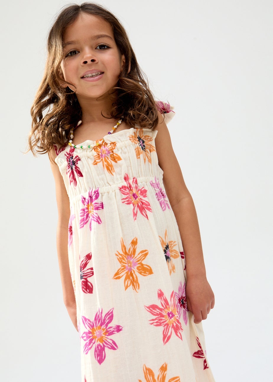Raffya Kids Ecru Flora Gathered Hand Drawn Floral Print Dress (3-9 Years)