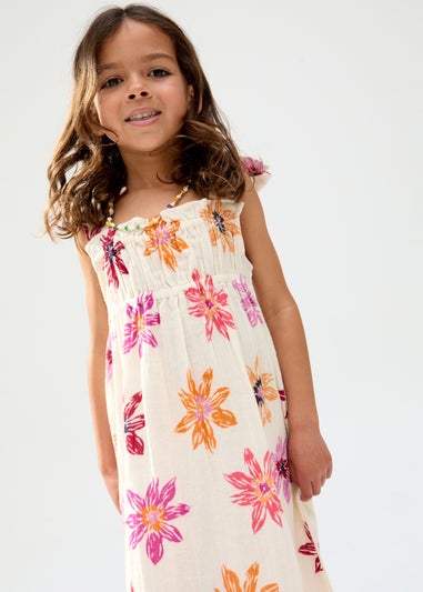 Raffya Kids Ecru Flora Gathered Hand Drawn Floral Print Dress (3-9 Years)