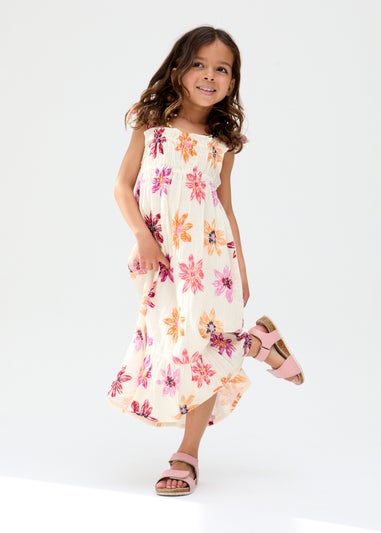 Raffya Kids Ecru Flora Gathered Hand Drawn Floral Print Dress (3-9 Years)
