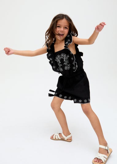 Raffya Kids Black Philo Ruffle Neck Embroidered Playsuit (3-9 Years)