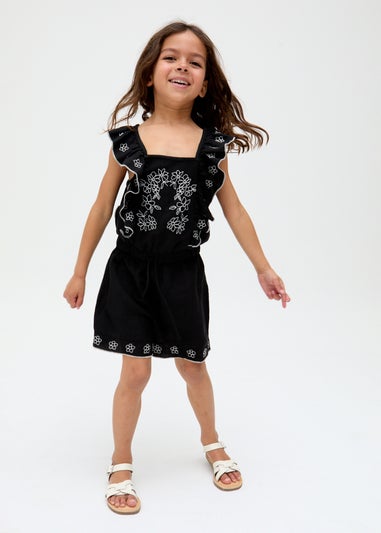 Raffya Kids Black Philo Ruffle Neck Embroidered Playsuit (3-9 Years)