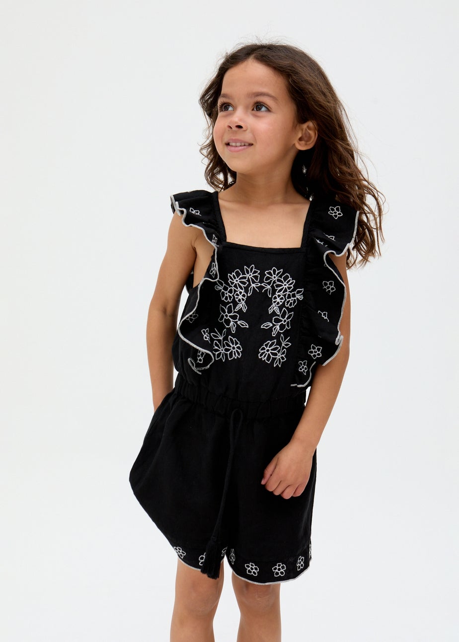 Raffya Kids Black Philo Ruffle Neck Embroidered Playsuit (3-9 Years)