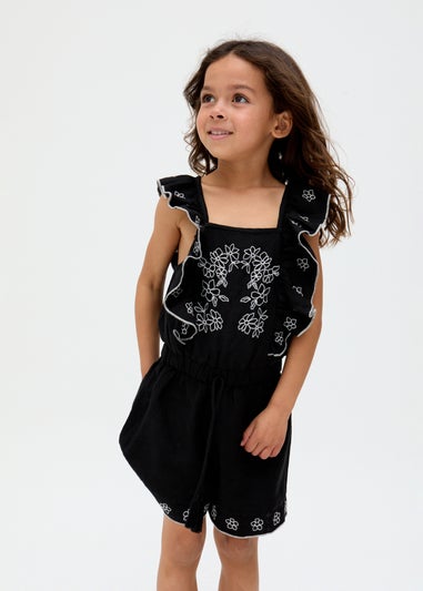 Raffya Kids Black Philo Ruffle Neck Embroidered Playsuit (3-9 Years)