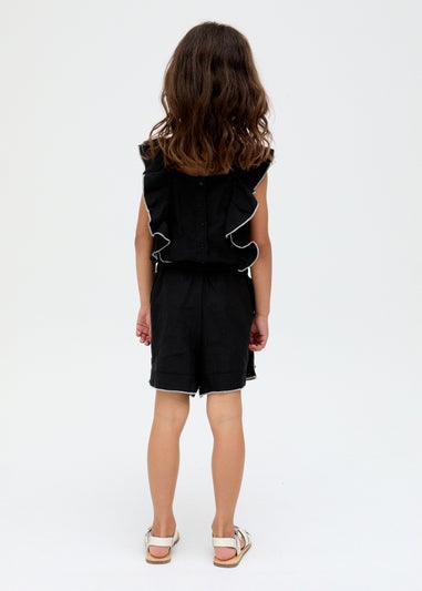 Raffya Kids Black Philo Ruffle Neck Embroidered Playsuit (3-9 Years)