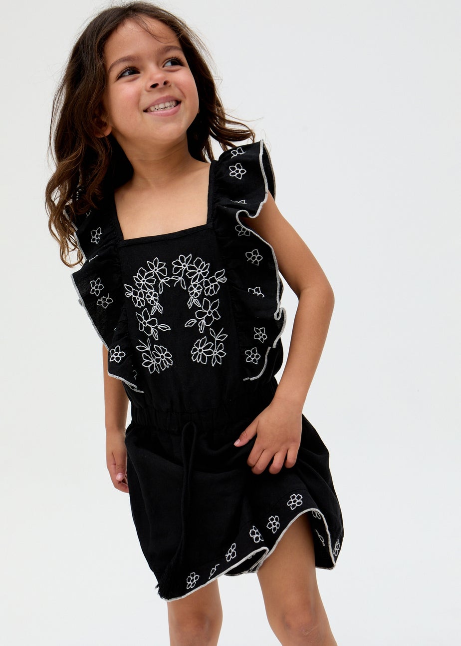 Raffya Kids Black Philo Ruffle Neck Embroidered Playsuit (3-9 Years)