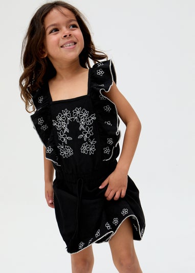 Raffya Kids Black Philo Ruffle Neck Embroidered Playsuit (3-9 Years)