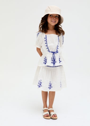 Raffya Kids White Ally Paneled Waist Embroidered Skirt (3-9 Years)