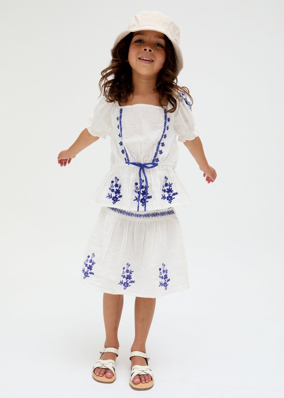 Raffya Kids White Ally Paneled Waist Embroidered Skirt (3-9 Years)