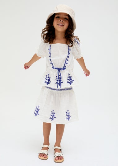 Raffya Kids White Ally Paneled Waist Embroidered Skirt (3-9 Years)