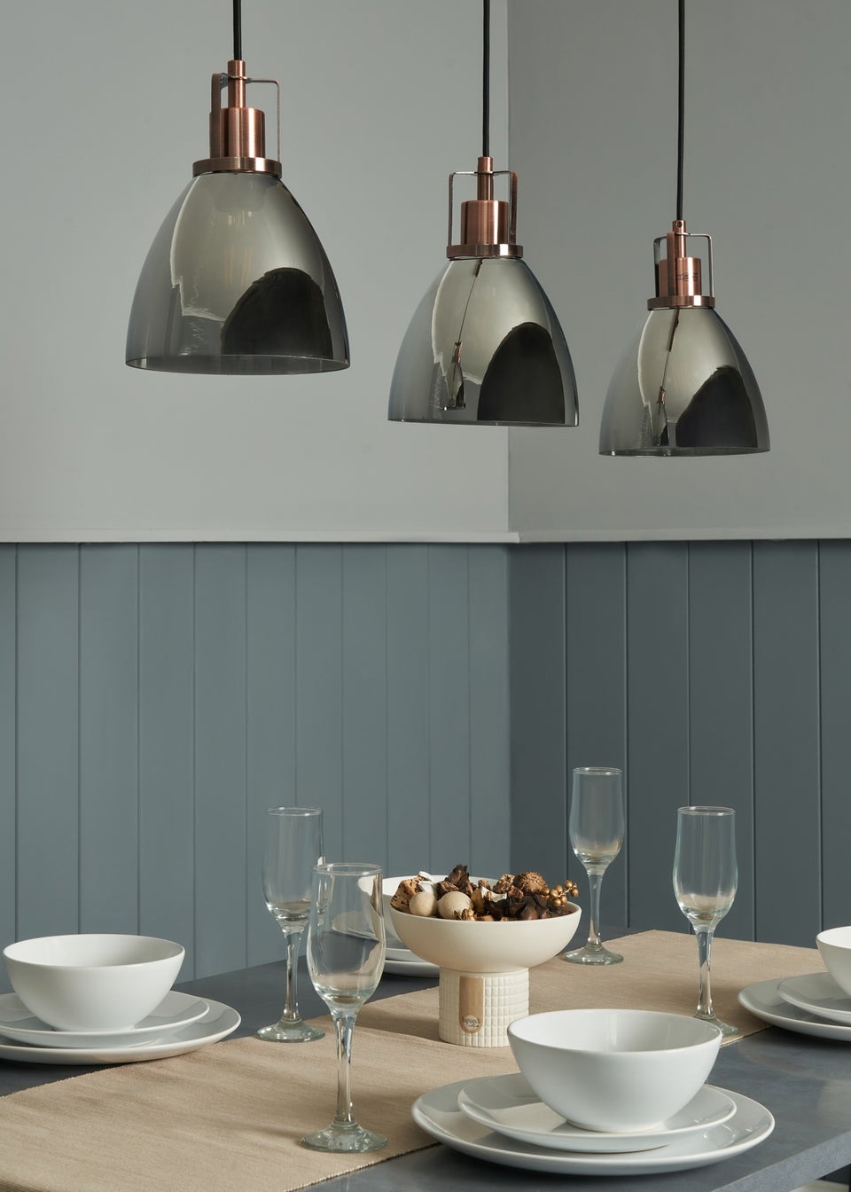 INLIGHT DECLYN Glass 3 Light Diner Pendant Copper & Smoke (40-110cm x 90cm)