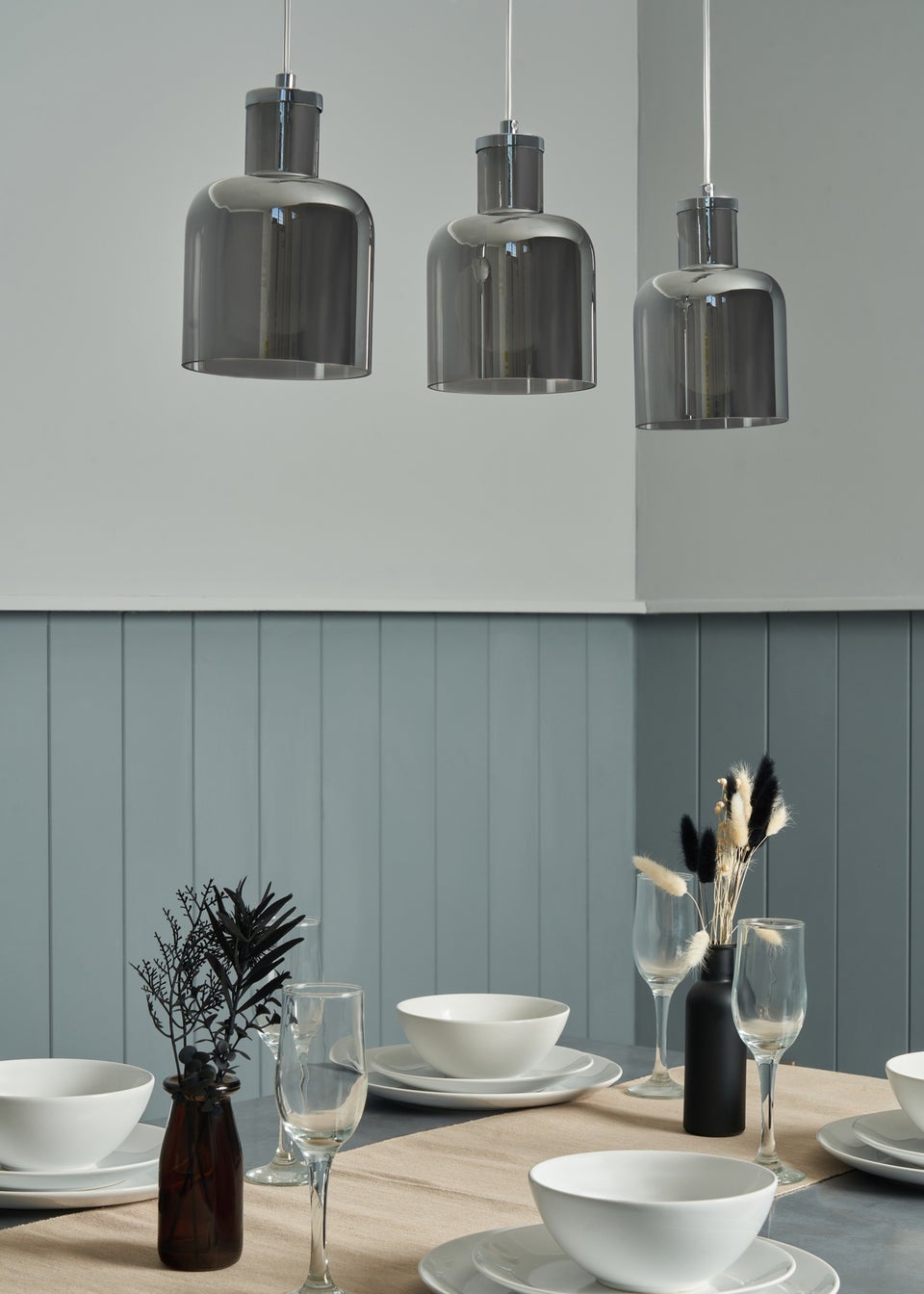INLIGHT JAVARI 3 Light Diner Pendant Chrome & Smoke (40-100cm x 70cm)