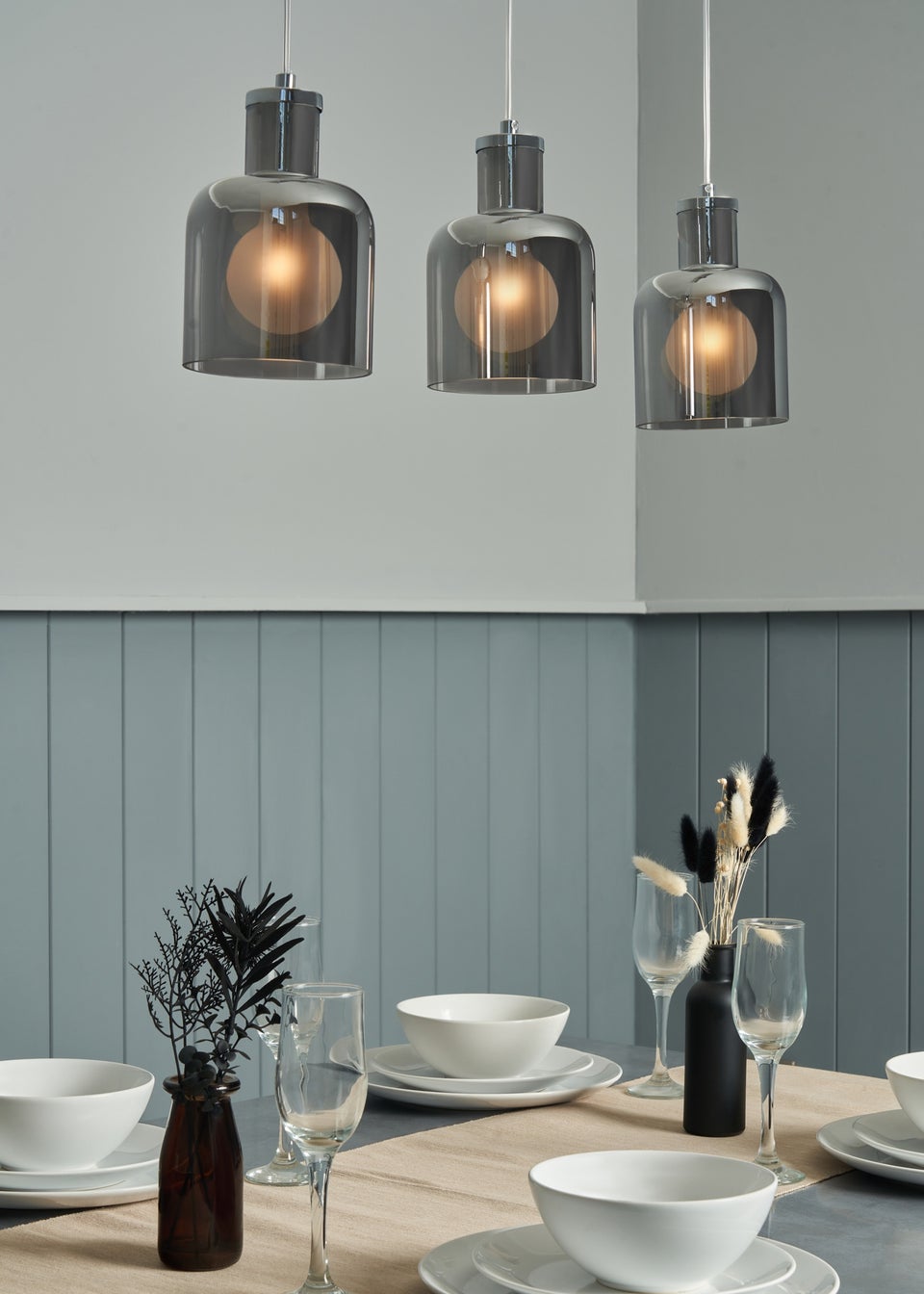 INLIGHT JAVARI 3 Light Diner Pendant Chrome & Smoke (40-100cm x 70cm)