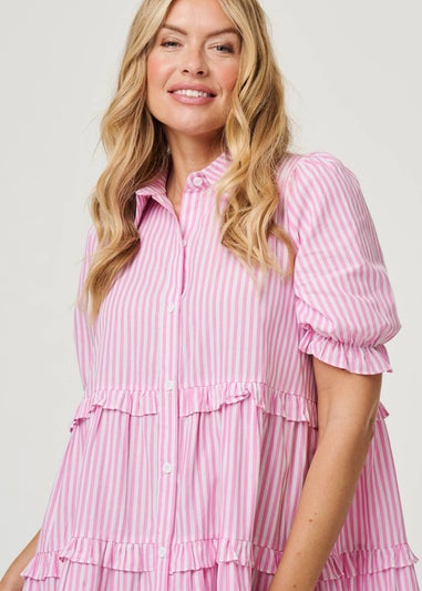 Izabel London Pink Striped 1/2 Sleeve Short Shirt Dress