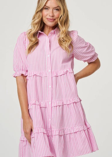 Izabel London Pink Striped 1/2 Sleeve Short Shirt Dress