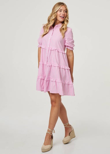 Izabel London Pink Striped 1/2 Sleeve Short Shirt Dress