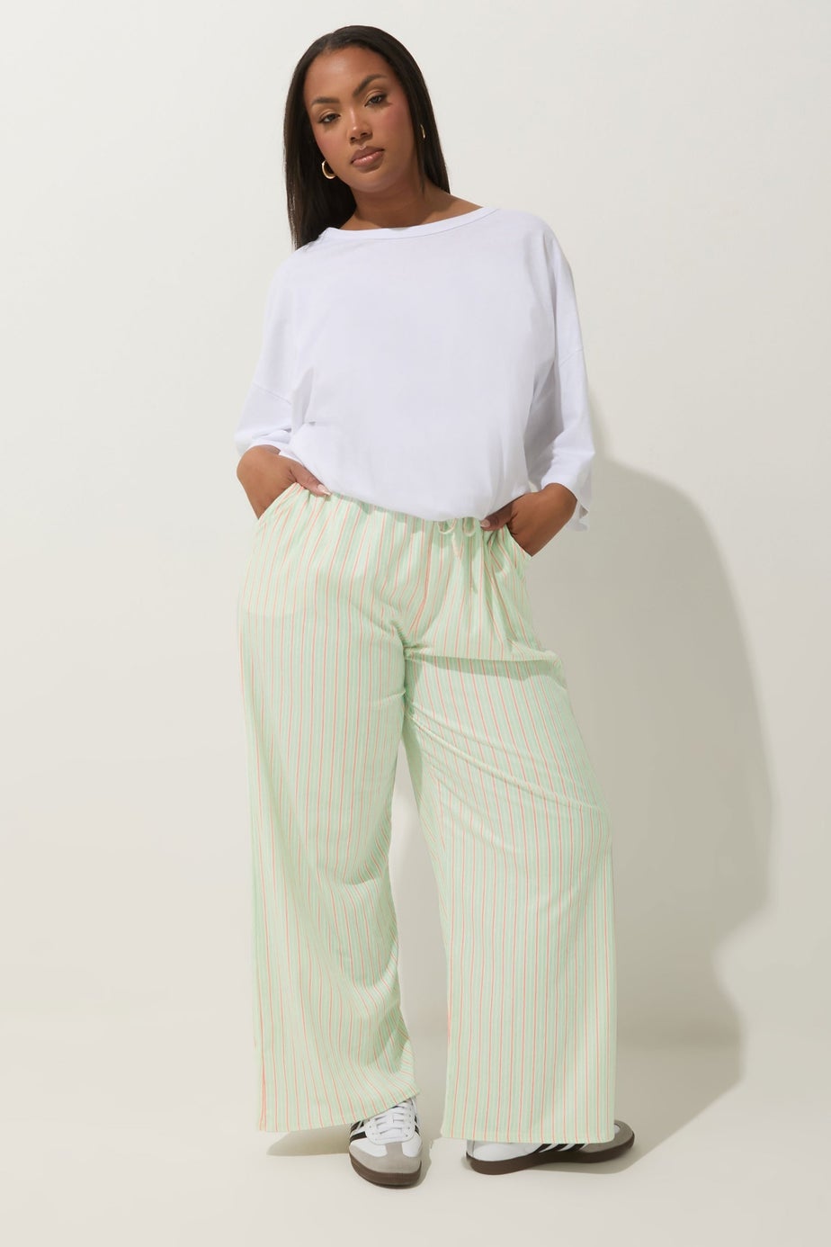 Yours Limited Collection Curve Mint Green & Pink Stripe Wide Leg Trousers