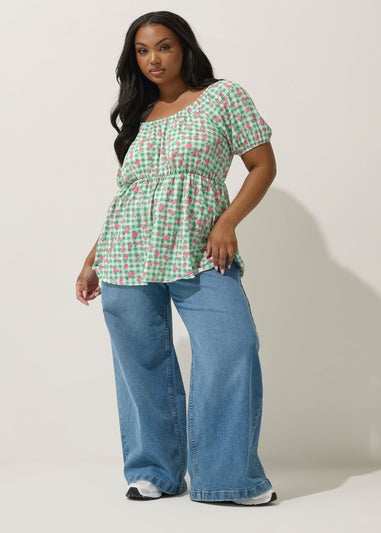 Yours Limited Collection Curve Green Floral Gingham Bardot Top