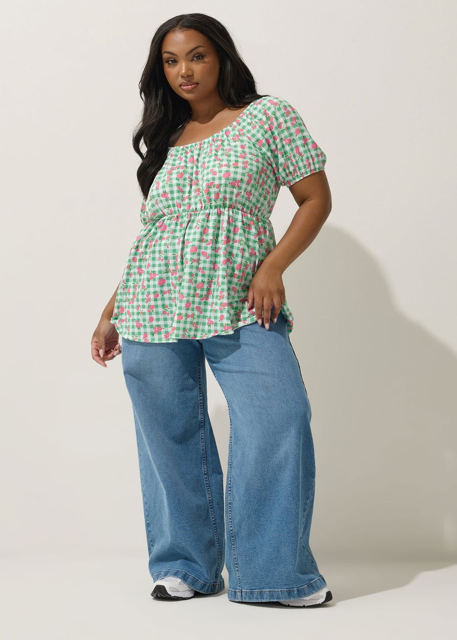Yours Limited Collection Curve Green Floral Gingham Bardot Top