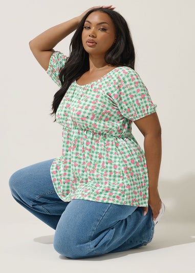 Yours Limited Collection Curve Green Floral Gingham Bardot Top