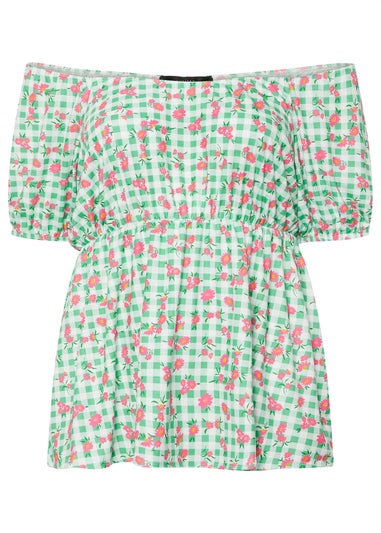 Yours Limited Collection Curve Green Floral Gingham Bardot Top