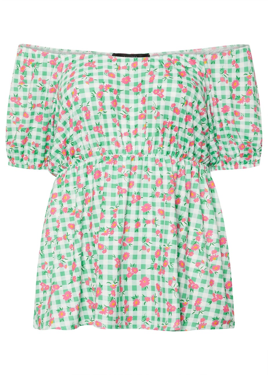 Yours Limited Collection Curve Green Floral Gingham Bardot Top
