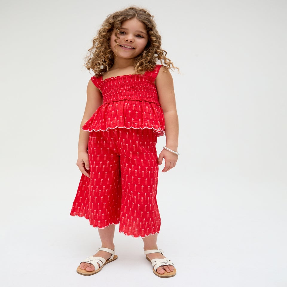 Raffya Kids Red Sia Shirred Floral Print Co-ord Set (3-9 Years)