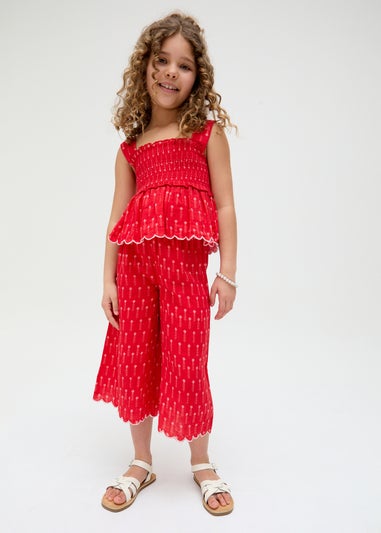 Raffya Kids Red Sia Shirred Floral Print Co-ord Set (3-9 Years)