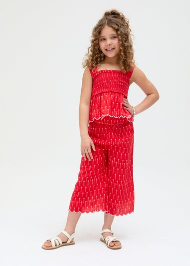 Raffya Kids Red Sia Shirred Floral Print Co-ord Set (3-9 Years)