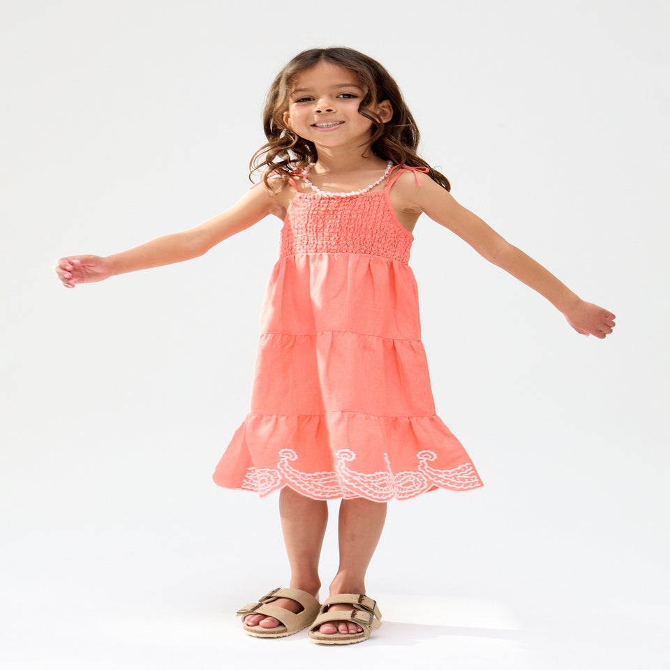 Raffya Kids Pink Emma Shirred Bodice Scalloped Embroidered Dress (3-9 Years)