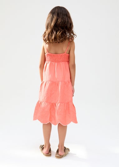 Raffya Kids Pink Emma Shirred Bodice Scalloped Embroidered Dress (3-9 Years)