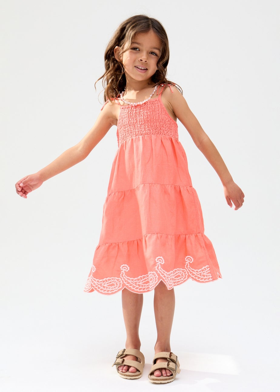 Raffya Kids Pink Emma Shirred Bodice Scalloped Embroidered Dress (3-9 Years)
