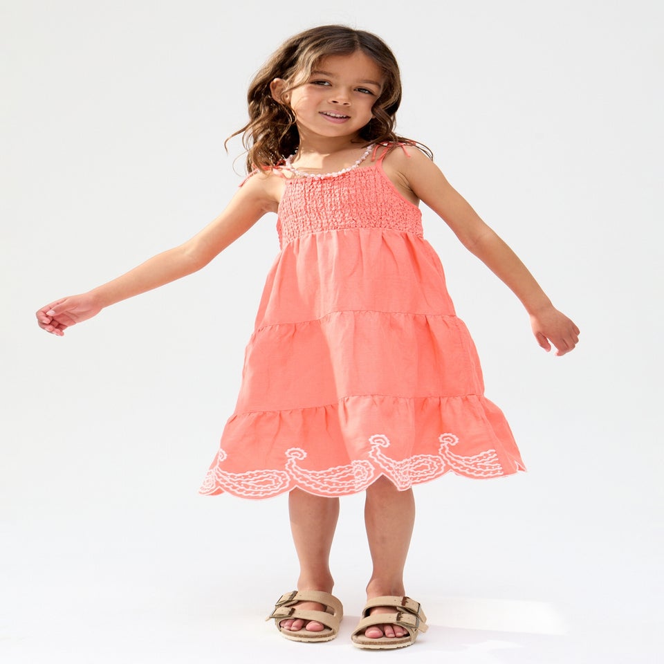Raffya Kids Pink Emma Shirred Bodice Scalloped Embroidered Dress (3-9 Years)