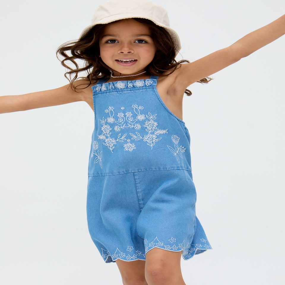 Raffya Kids Blue Rachel Scalloped Hem Embroidered Playsuit (3-9 Years)