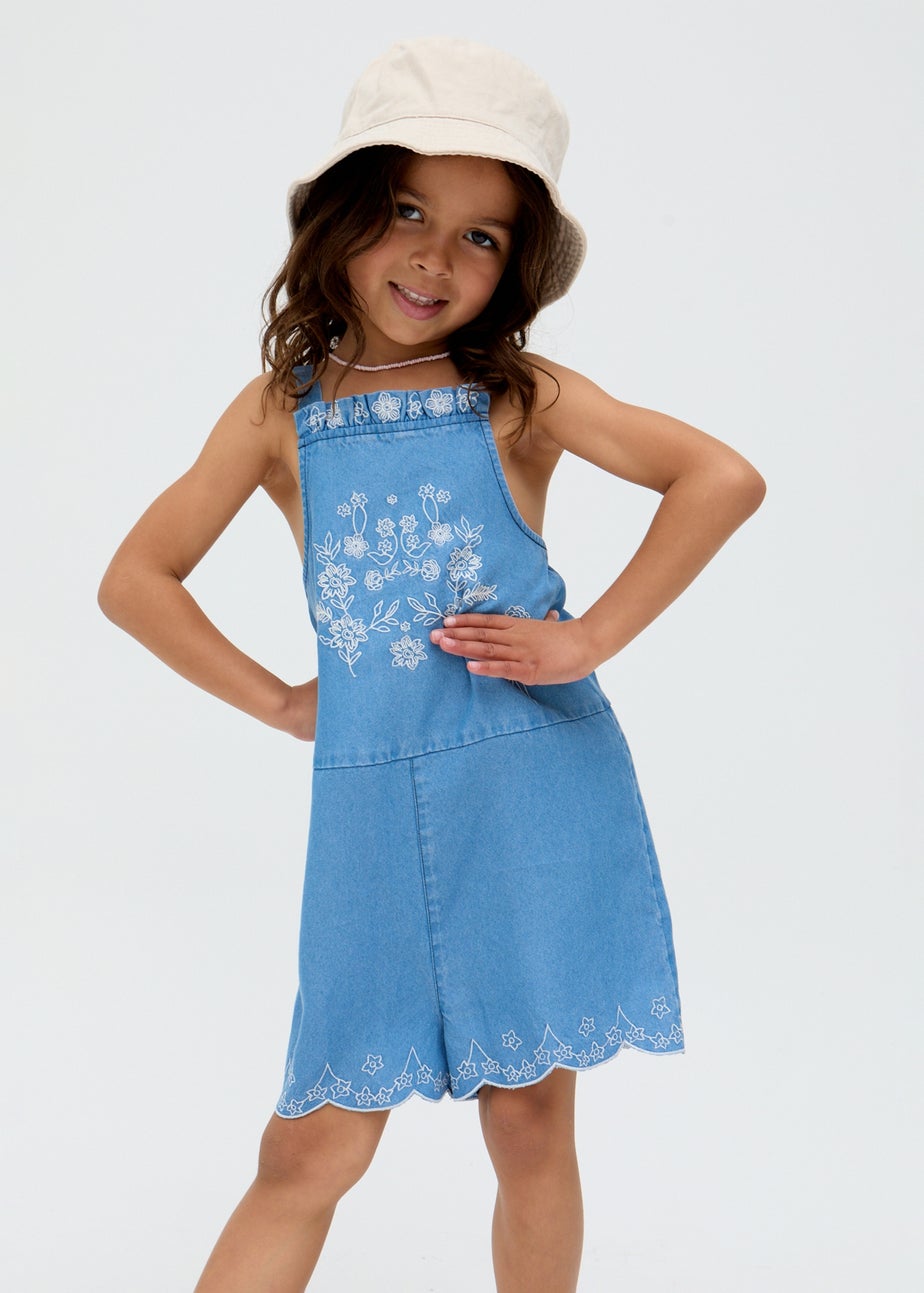 Raffya Kids Blue Rachel Scalloped Hem Embroidered Playsuit (3-9 Years)