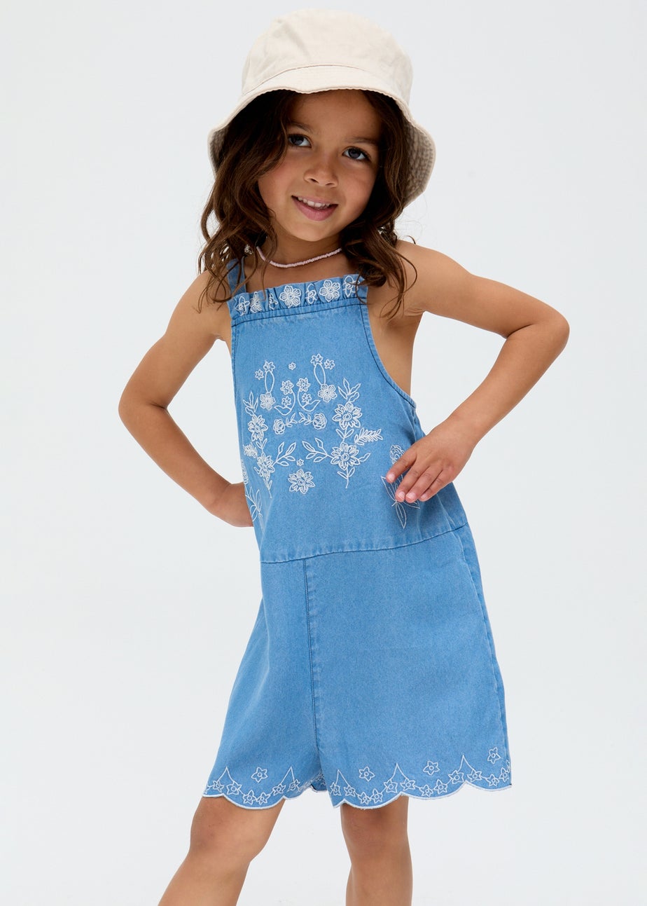 Raffya Kids Blue Rachel Scalloped Hem Embroidered Playsuit (3-9 Years)