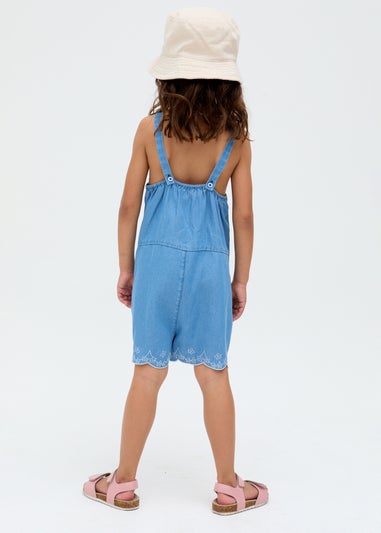 Raffya Kids Blue Rachel Scalloped Hem Embroidered Playsuit (3-9 Years)