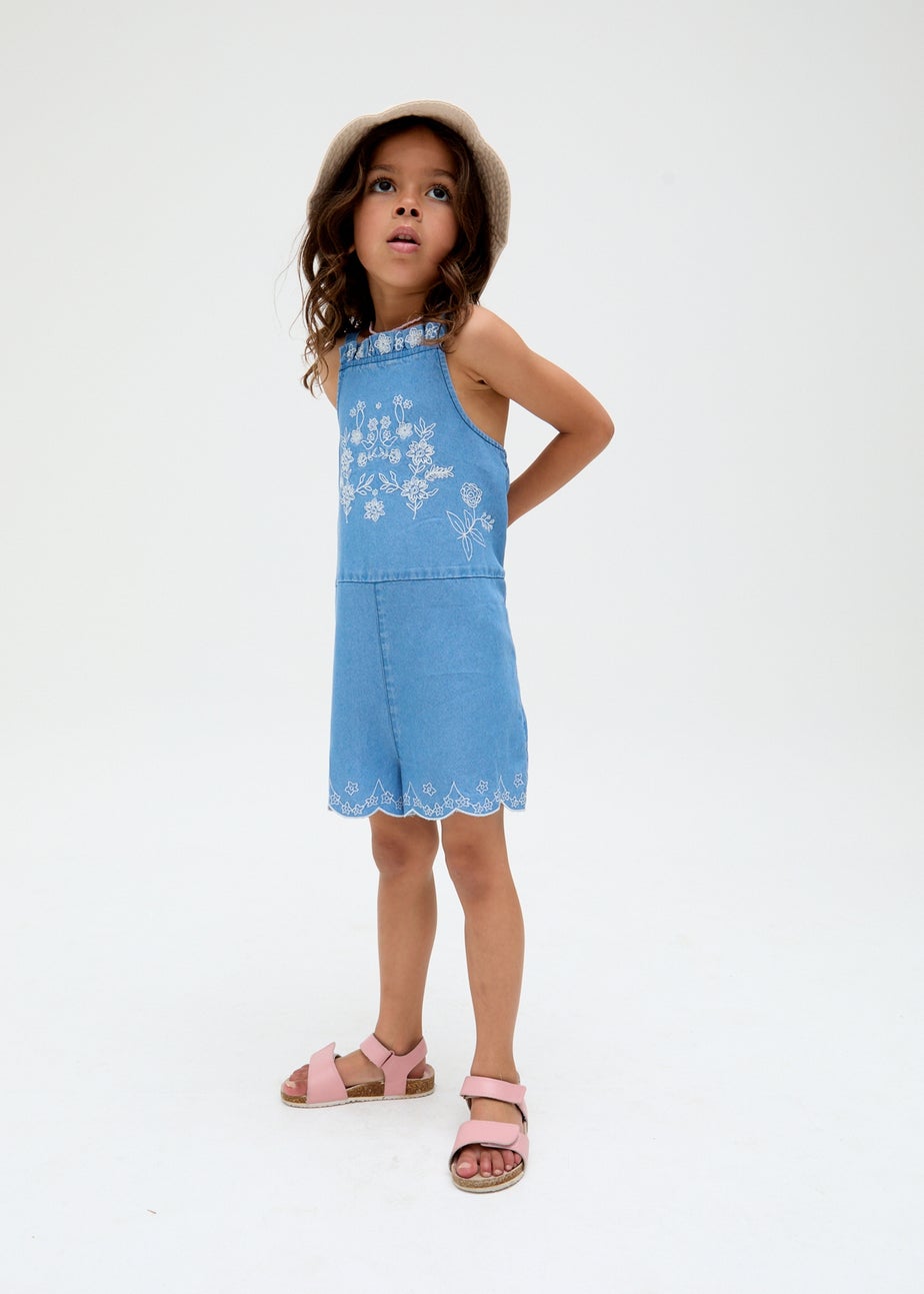 Raffya Kids Blue Rachel Scalloped Hem Embroidered Playsuit (3-9 Years)