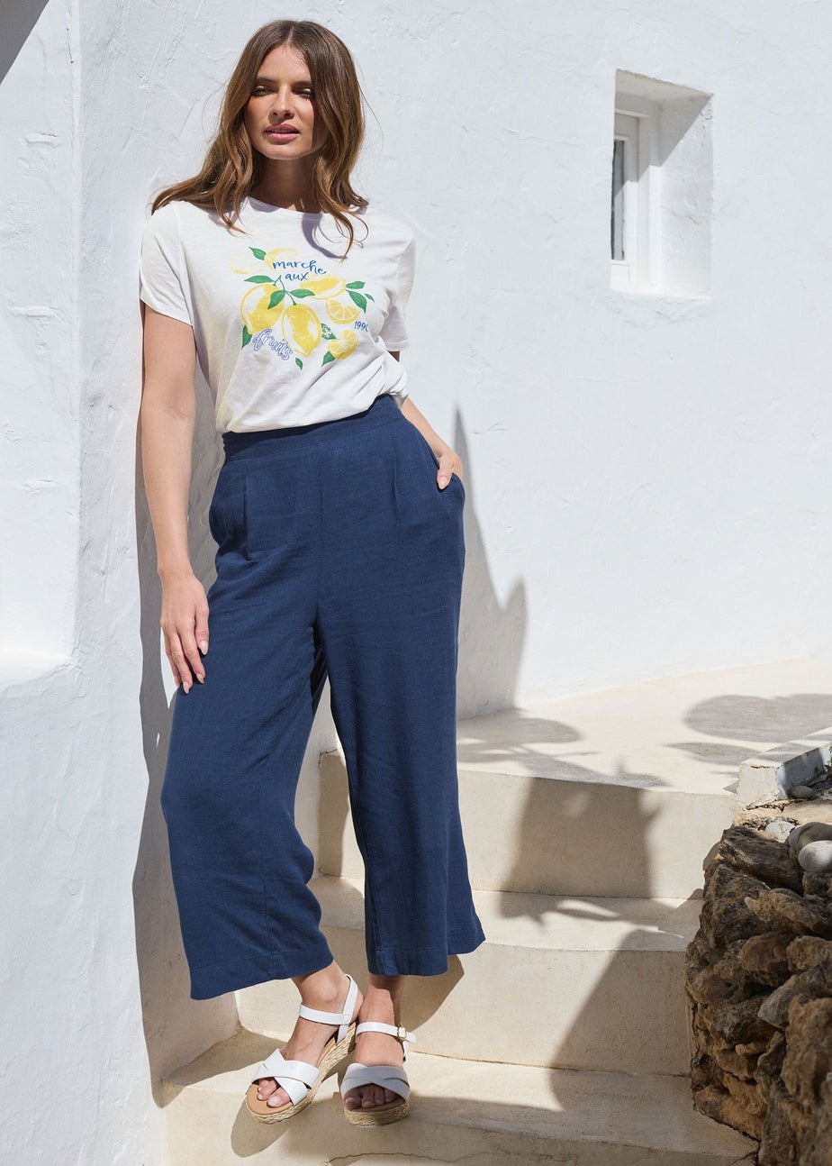 M&Co Navy Blue Cropped Wide Leg Linen Trousers
