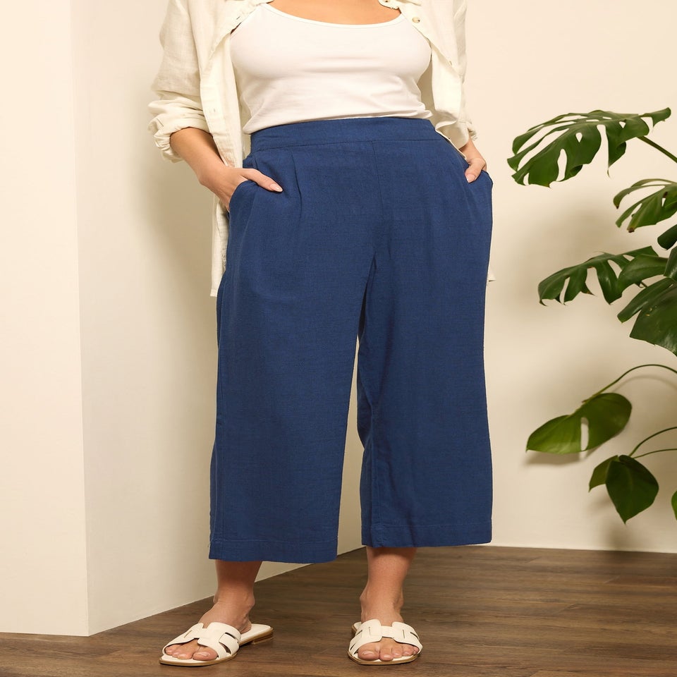 M&Co Navy Blue Cropped Wide Leg Linen Trousers