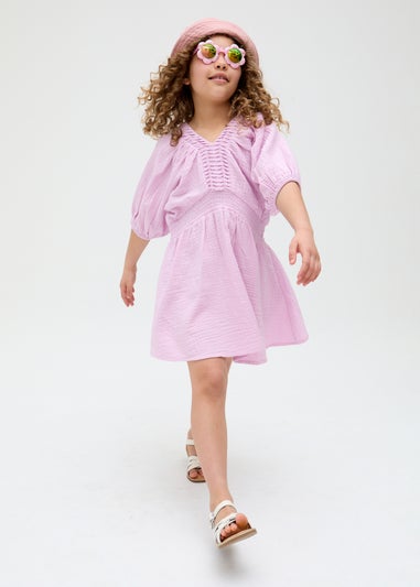 Raffya Kids Purple Soipoi Ruched V-neck Dress (3-9 Years)